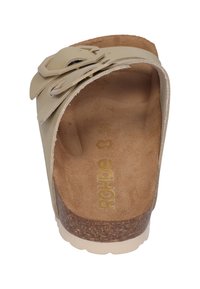 Beige footbed sandal with cork sole, featuring two adjustable straps and a textured leather upper. Inside shows soft, natural material.