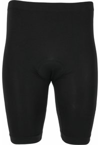 Zwarte fietsshorts van rekbare stof, met een strakke pasvorm, een gladde textuur en een gevoerd gebied in het midden voor comfort.