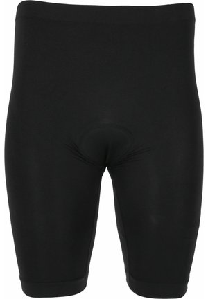 Schwarze Radsportshorts aus dehnbarem Stoff, mit schlankem Design, glatter Textur und einem gepolsterten Bereich in der Mitte für mehr Komfort.