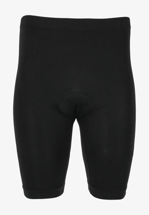 Schwarze Radsportshorts aus dehnbarem Stoff, mit schlankem Design, glatter Textur und einem gepolsterten Bereich in der Mitte für mehr Komfort.