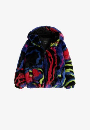 Valehalli jope, millel on mitmevärviline muster mustade, punaste, siniste ja roheliste aktsentidega. Includes lukuga esikülg ja kapuuts. Tekstureeritud viimistlus.