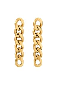 Orecchini a catena in tonalità oro con link allungati e intrecciati, caratterizzati da una finitura lucida. Texture liscia e design moderno.