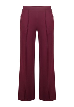 Bordeaux brede broek van zachte stof, met een gladde tailleband en twee zijzakken. Verticale stiksels voegen een subtiele detail toe.