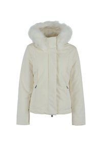 Giacca puffer bianca con cappuccio foderato in pelliccia sintetica, dotata di chiusura zip frontale, due tasche laterali e una texture liscia con cuciture verticali.