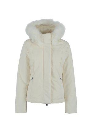 Giacca puffer bianca con cappuccio foderato in pelliccia sintetica, dotata di chiusura zip frontale, due tasche laterali e una texture liscia con cuciture verticali.