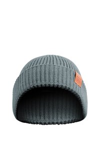 Gray knitted beanie with a ribbed texture, featuring a brown leather logo patch. The design is deep enough to cover the ears.