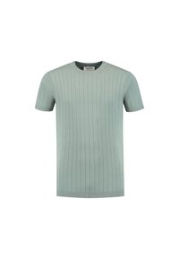 Mintgroene geribde t-shirt met korte mouwen en een ronde halslijn, voorzien van verticale strepen en een getailleerde silhouet. Zachte gebreide stof.