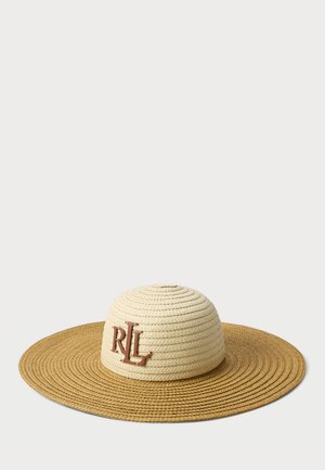 Cappello di paglia a larga tesa con corona arrotondata in crema e marrone chiaro, dotato di un logo "RL" marrone sul fronte e di un design tessuto a trama.