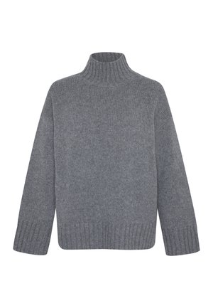Grijze gebreide trui met een hoge hals en geribde manchetten, met een losse pasvorm en een gemêleerd patroon door de stof.