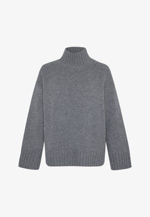 Pull en tricot gris avec un col montant et des poignets côtelés, présentant une coupe ample et un motif texturé sur l'ensemble du tissu.