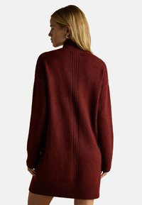 Ein burgunderfarbener Rollkragenpulloverkleid mit weicher Textur, ausgestattet mit gerippten Bündchen und Saum sowie dezenten vertikalen Nahtdetails auf der Rückseite.