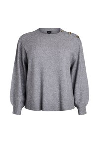 Pull en maille gris avec un col rond, des manches larges et un ourlet côtelé. Doté de trois boutons décoratifs dorés sur l'épaule gauche.