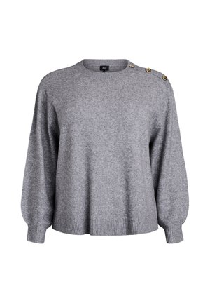 Pull en maille gris avec un col rond, des manches larges et un ourlet côtelé. Doté de trois boutons décoratifs dorés sur l'épaule gauche.