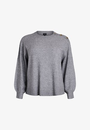 Gray knitted sweater with a round neck, wide sleeves, and ribbed hem. Features three decorative gold buttons on the left shoulder.