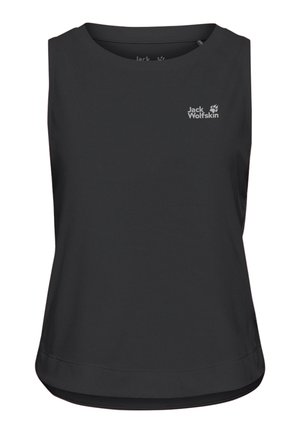 Schwarzes ärmelloses Top mit rundem Ausschnitt aus glattem Stoff. Verfügt über ein kleines weißes Logo auf der linken Brust und einen leicht geschwungenen Saum.