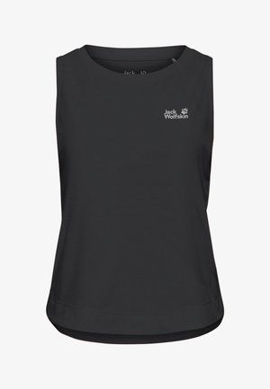 Schwarzes ärmelloses Top mit rundem Ausschnitt aus glattem Stoff. Verfügt über ein kleines weißes Logo auf der linken Brust und einen leicht geschwungenen Saum.