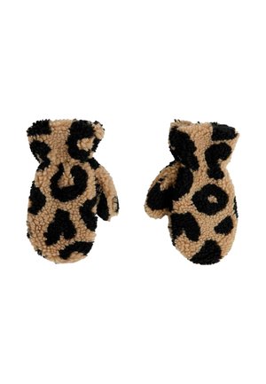 Leopardikuosiset käsineet vaaleanruskeina ja mustina, joissa on pörröinen rakenne ja pyöreät päät. Materiaali on pehmeä ja lämmin kylmää säätä varten.