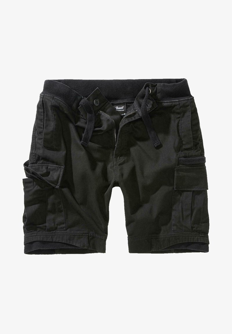 Svart cargo shorts laget av slitesterkt stoff, med snøring i livet, sidelommer og glidelås for sikker lukking.
