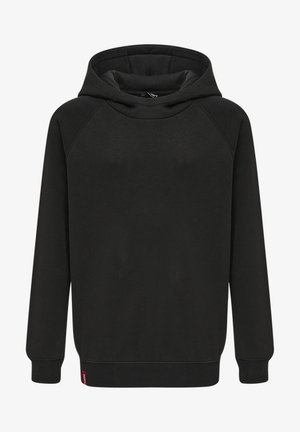 Haut à capuche noir en tissu doux, avec une capuche à cordon, de longues manches raglan et un ourlet côtelé avec un petit accent logo.