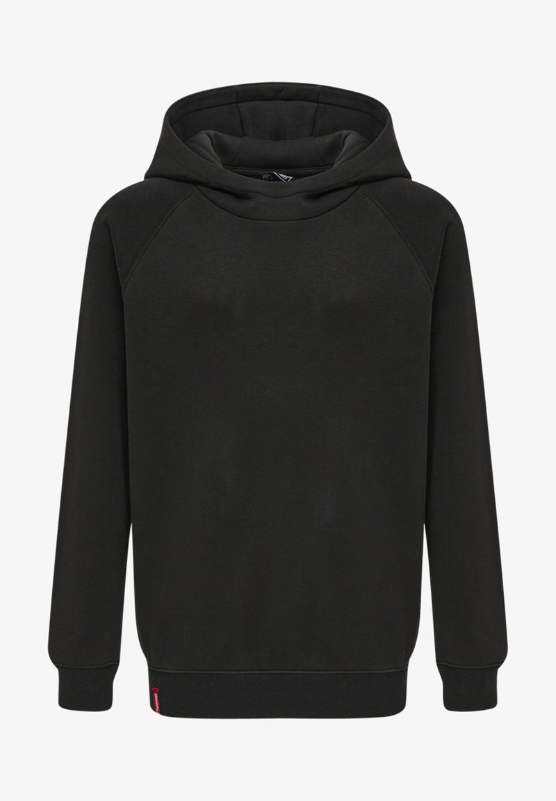 Felpa nera realizzata in tessuto morbido, con cappuccio regolabile, maniche raglan lunghe e orlo a coste con un piccolo logo decorativo.