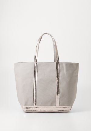 Gray fabric tote bag with metallic striped accents and two sturdy handles. The design is spacious and simple, with a smooth texture.