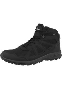 Czarne buty trekkingowe z tekstylną i syntetyczną cholewką, panelami z siatki, sznurowaniem, wyściełanym kołnierzem oraz gumową podeszwą z bieżnikiem.