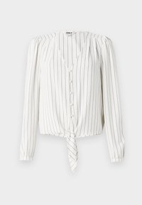 White long-sleeve blouse with vertical black stripes, features a V-neck, button closure, and a knotted front hem. Smooth fabric texture.