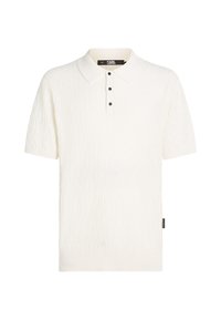 Witte poloshirt met korte mouwen, voorzien van een gestructureerd patroon, een knoopsluiting met twee knopen en zwarte knopen. Het shirt heeft een geribde kraag en onderkant.