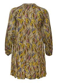 Robe à manches longues en tissu à motifs présentant des feuilles jaunes, brunes et bleues ; fronces aux manches et à l'ourlet avec une coupe décontractée.