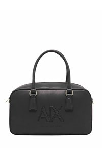 Borsa a mano rettangolare nera con due manici, logo "AX" in rilievo e testo "Armani Exchange" sulla parte anteriore, e chiusura con zip superiore.