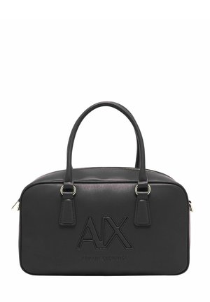 Borsa a mano rettangolare nera con due manici, logo "AX" in rilievo e testo "Armani Exchange" sulla parte anteriore, e chiusura con zip superiore.