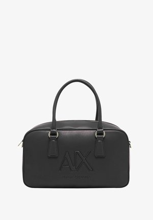 Bolso de mano rectangular negro con dos asas, logo en relieve "AX" y texto "Armani Exchange" en la parte frontal, y cierre de cremallera superior.