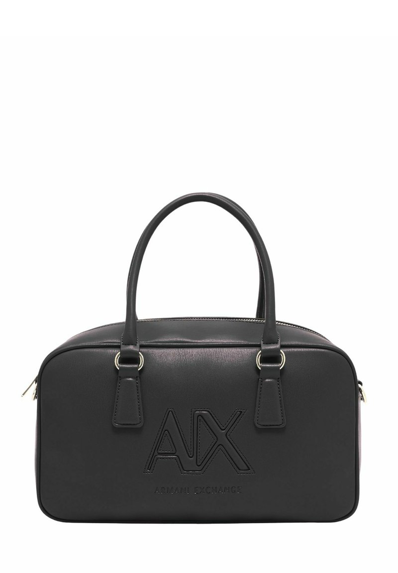 Borsa a mano rettangolare nera con due manici, logo "AX" in rilievo e testo "Armani Exchange" sulla parte anteriore, e chiusura con zip superiore.