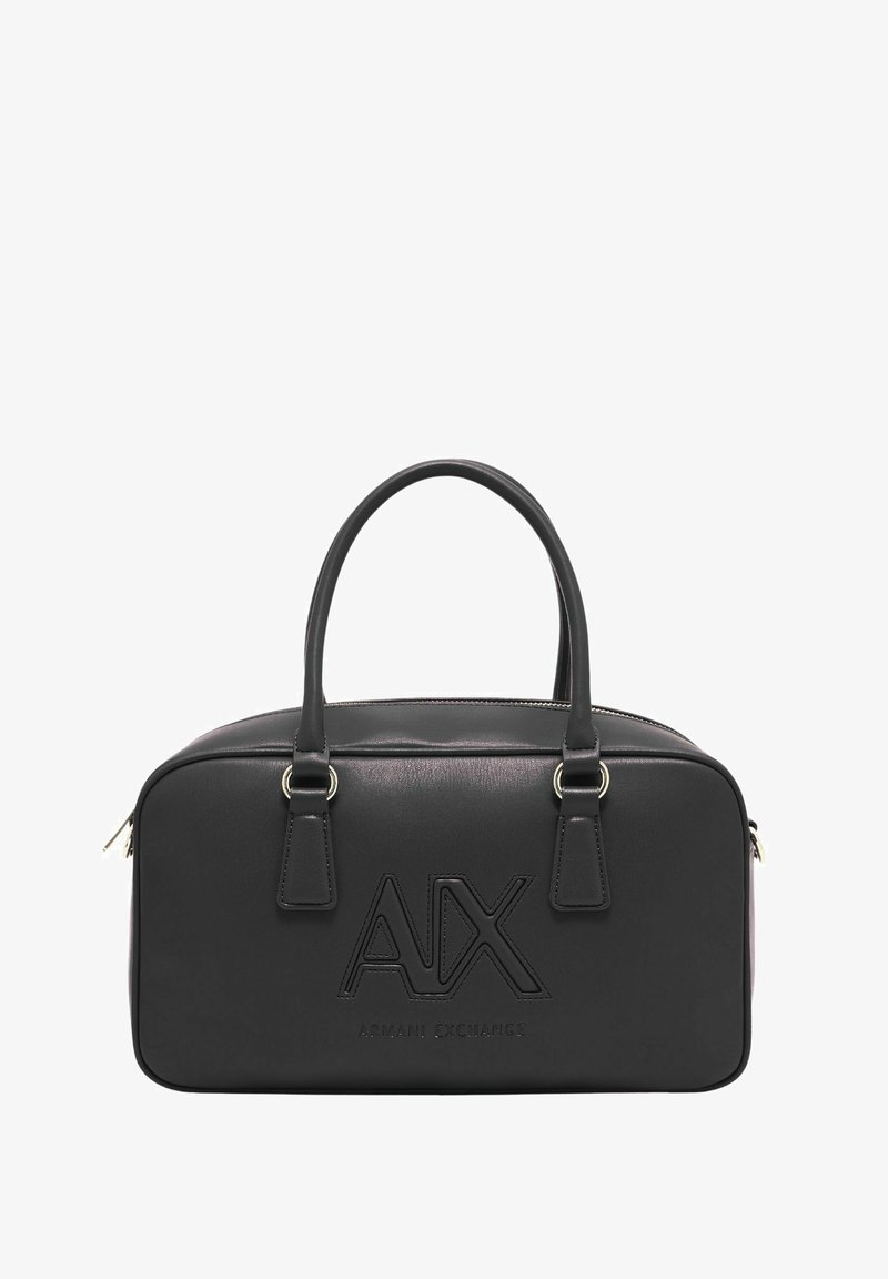 Borsa a mano rettangolare nera con due manici, logo "AX" in rilievo e testo "Armani Exchange" sulla parte anteriore, e chiusura con zip superiore.