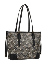 Borsa tote a motivi neri e grigi con design intrecciato, materiale sintetico, due manici e una tracolla rimovibile. Accenti in metallo dorato.