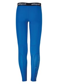 Blauwe sportleggingen van een gladde, rekbare stof. Voorzien van een zwarte tailleband met het "uhlsport"-logo en een wit gedrukt logo aan de zijkant.
