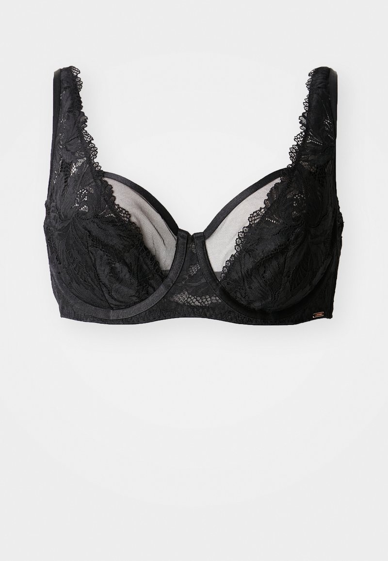 Μαύρο σουτιέν από δαντέλα με λουλουδάτα μοτίβα, φαρδιές τιράντες και με επένδυση από τούλι. Ο σχεδιασμός με ατσάλινα στηρίγματα προσφέρει δομή και υποστήριξη.