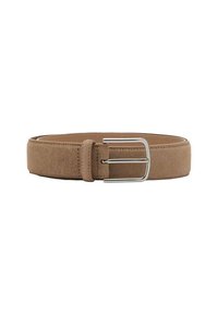 Brown suede belt with a smooth texture, featuring a silver rectangular buckle and subtle stitching details along the edges.