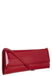 Red patent leather clutch with a triangular flap design, featuring a detachable strap and embossed brand name. Smooth, shiny texture.