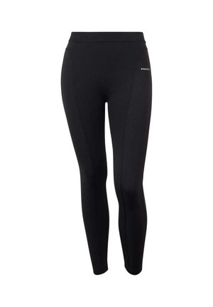 Leggings neri realizzati in materiale elastico, con un alto cinturino in vita, dettagli di cucitura e un piccolo logo sul lato. Texture liscia.