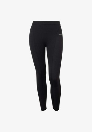 Leggings neri realizzati in materiale elastico, con un alto cinturino in vita, dettagli di cucitura e un piccolo logo sul lato. Texture liscia.