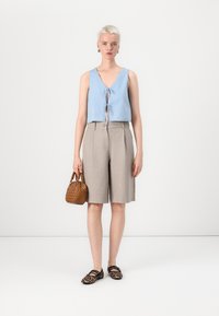 Lichtblauwe crop top met strikdetail, beige op maat gemaakte shorts, schoenen met luipaardprint en een kleine bruine handtas. Effen witte achtergrond.