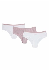 Trzy pary damskich majtek typu hipster w kolorze białym i jasnoróżowym. Jedna para ma wzór chmur, z miękkimi elastycznymi gumkami w talii.