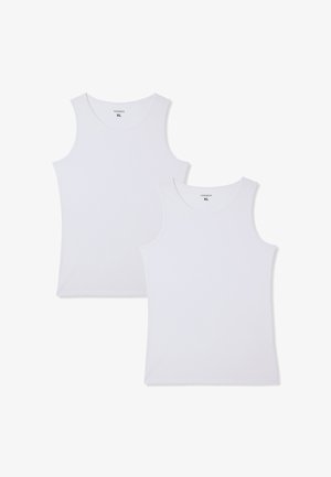 Due canotte bianche taglia XL, con scollo rotondo e ampie spalline, realizzate in un tessuto liscio e leggero.