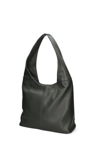 Donkergroene leren hobo tas met een zachte, gestructureerde oppervlakte, brede schouderriem en een ruime, ongestructureerde vorm. Naaddetails zichtbaar.