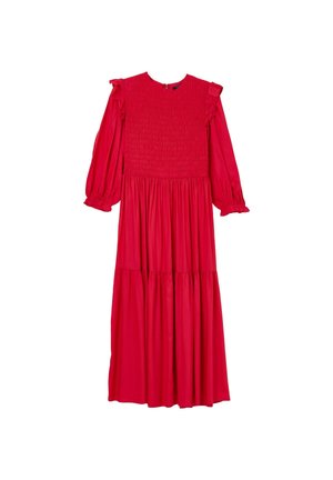Vestito lungo rosso con corpetto arricciato, maniche a sbuffo e gonna a balze. Tessuto morbido con dettagli arricciati sulle spalle. Scollatura rotonda.