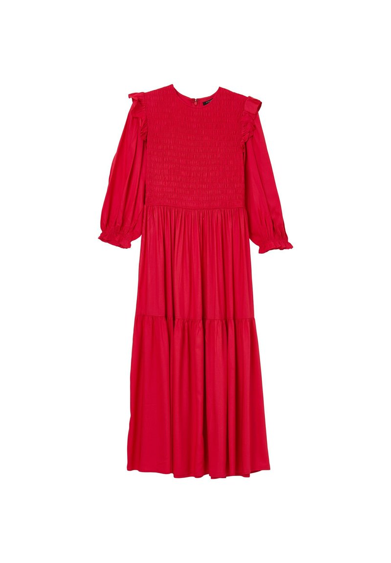 Vestito lungo rosso con corpetto arricciato, maniche a sbuffo e gonna a balze. Tessuto morbido con dettagli arricciati sulle spalle. Scollatura rotonda.