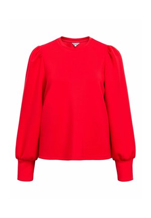 Czerwona bluzka z długim rękawem i okrągłym dekoltem, z bufiastymi ramionami i dopasowanymi rękawami, wykonana z miękkiego, lekkiego materiału.