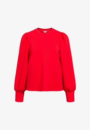 Haut rouge à manches longues avec un col rond, présentant des épaules bouffantes et des manches ajustées, fabriqué à partir d'un tissu doux et léger.