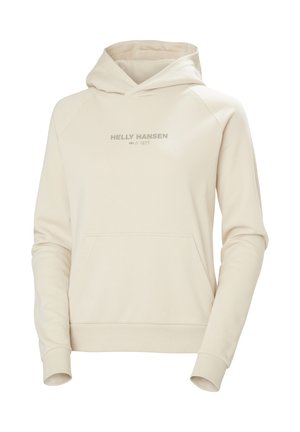 Kremowy hoodie z kieszenią z przodu, z szarym logo. Wykonany z miękkiego materiału, o luźnym kroju i z kapturem na sznurku.